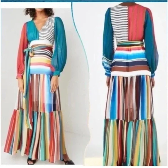 FARM Rio Multicolor Striped Wrap Maxi Dress - Red, Blue, Yellow, Green, Brown - Picture 2 of 5